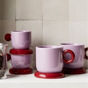 Anthropologie Rika Stoneware Coffee Mug & Espresso Cup Saucer Lid Set Purple Red